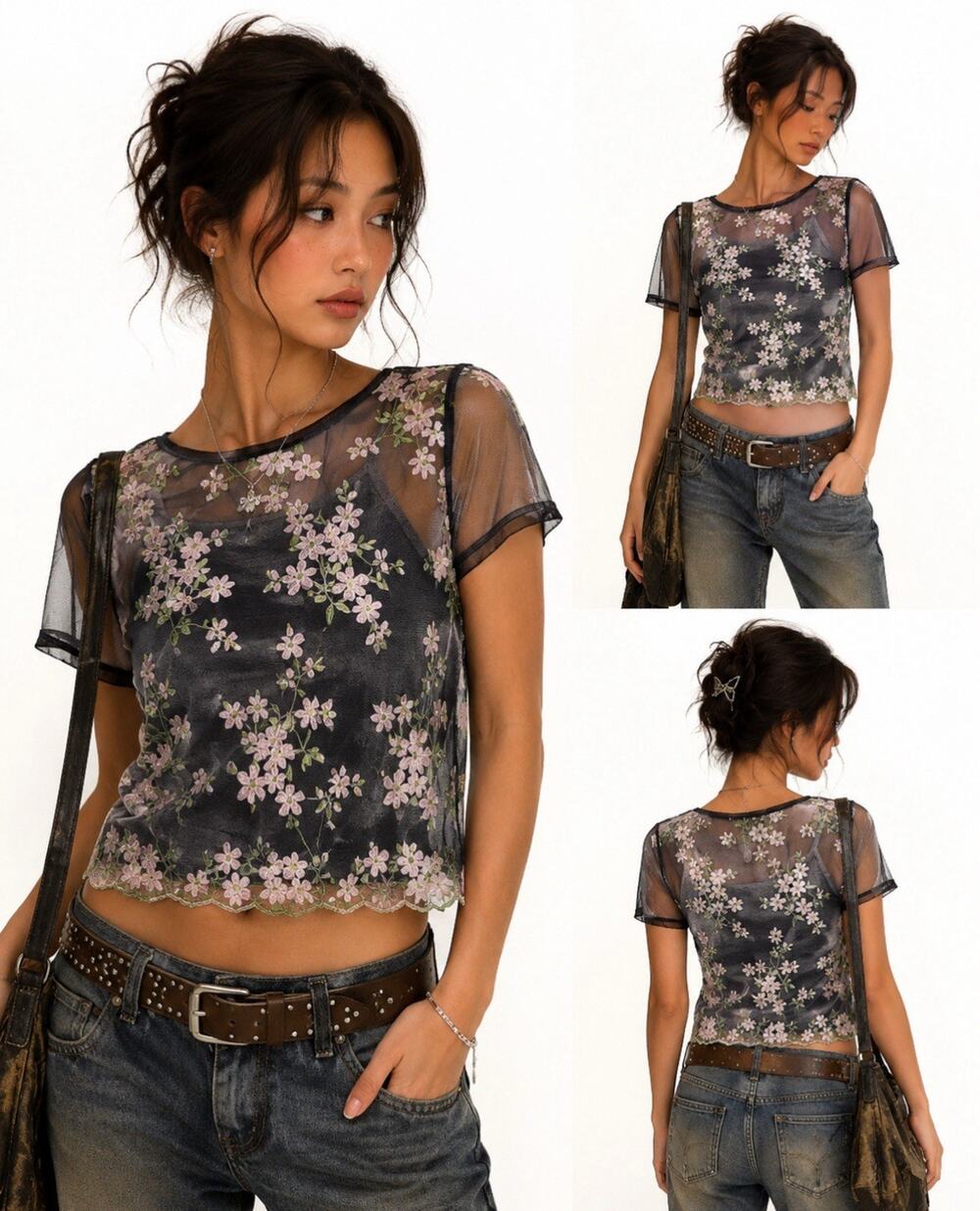 Y2K Indie Sleaze Fairy Grunge Sheer Floral Embroidered Mesh Top Size M Twinkle